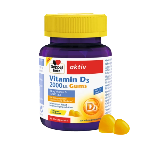Abbildung der Produktverpackung Doppelherz aktiv Vitamin D3 2000 I.E. Gums Frontansicht